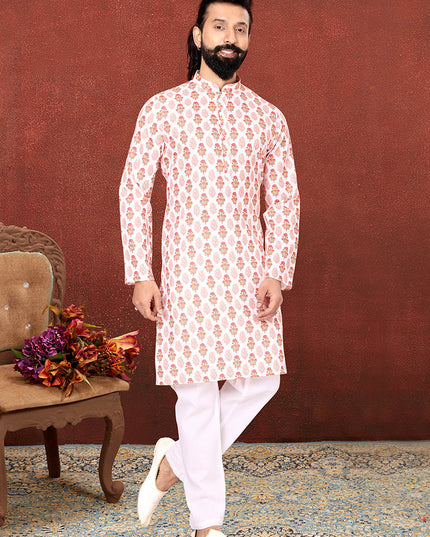 Graceful White Cotton Printed Mens Kurta Set