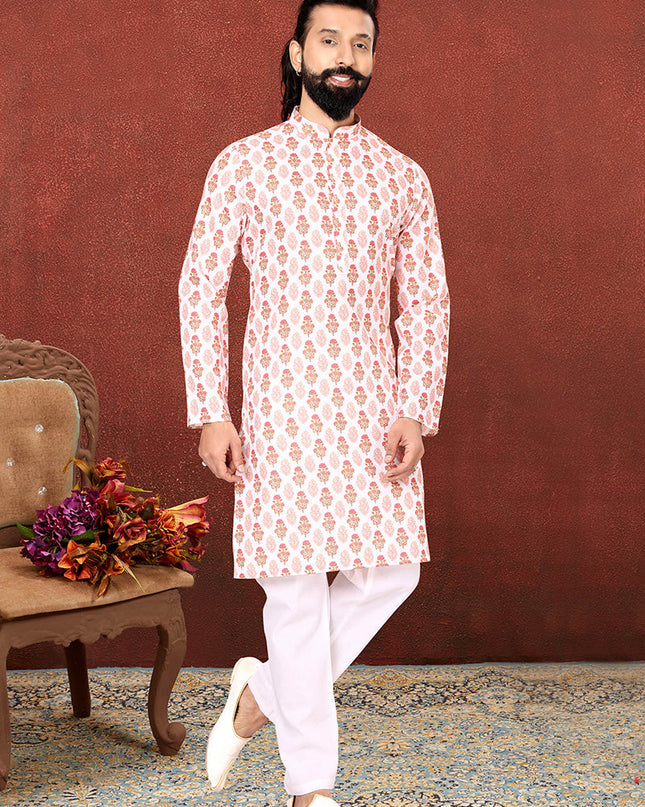 Graceful White Cotton Printed Mens Kurta Set