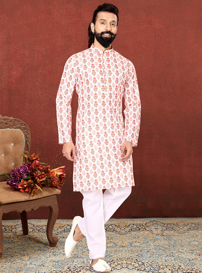 Graceful White Cotton Printed Mens Kurta Set