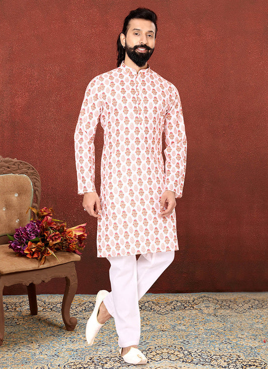 Graceful White Cotton Printed Mens Kurta Set