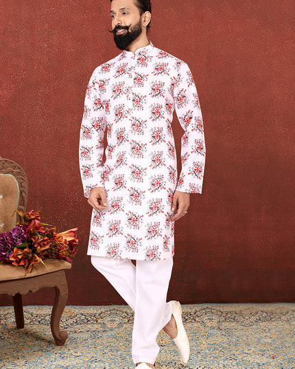 Incredible White Cotton Printed Mens Kurta Set