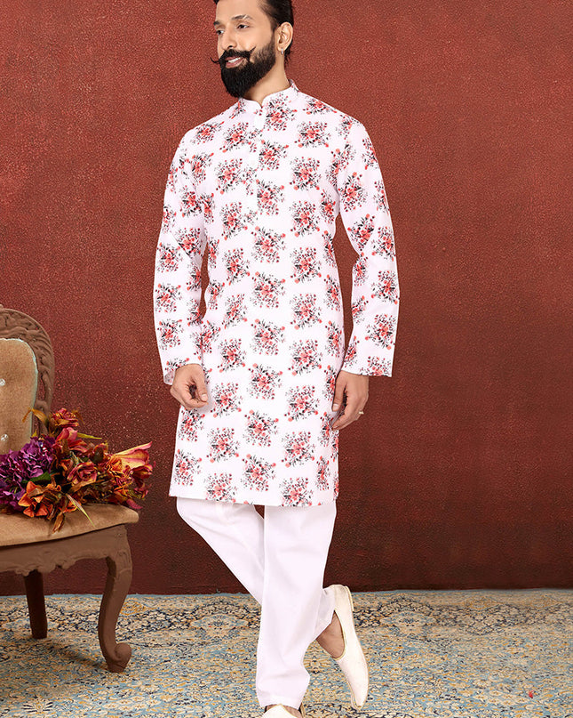Incredible White Cotton Printed Mens Kurta Set