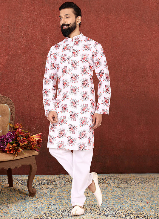 Incredible White Cotton Printed Mens Kurta Set