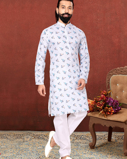 Pretty Ice Blue Cotton Printed Mens Kurta Set