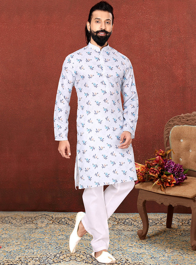 Pretty Ice Blue Cotton Printed Mens Kurta Set