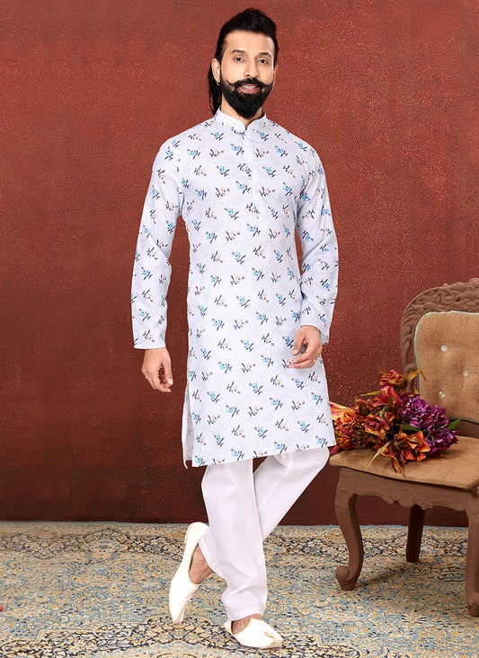 Pretty Ice Blue Cotton Printed Mens Kurta Set