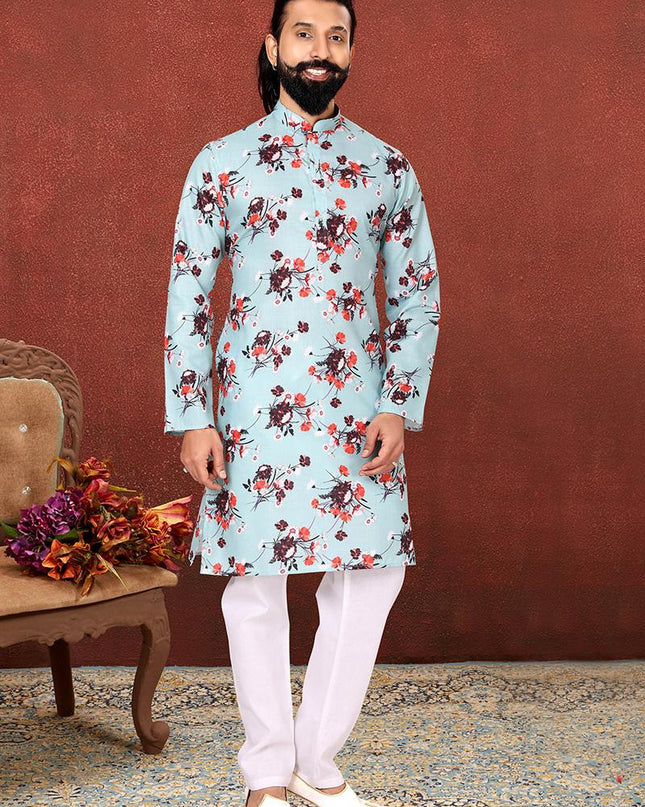 Amazing Ice Blue Cotton Printed Mens Kurta Set