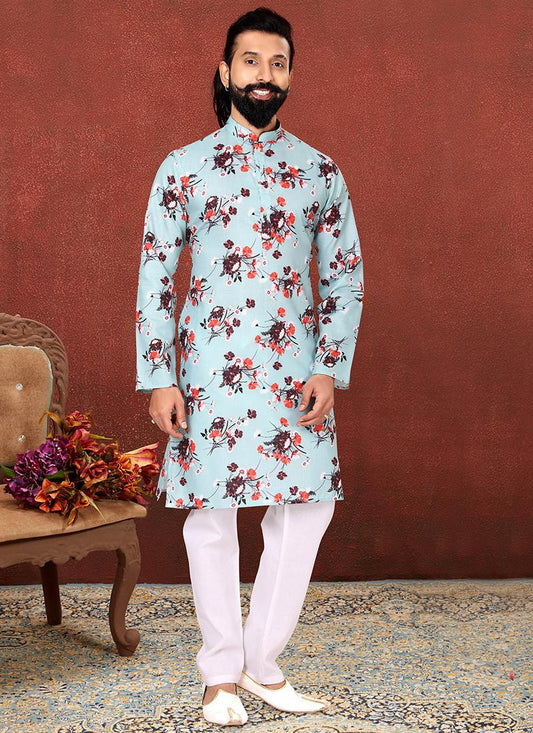 Amazing Ice Blue Cotton Printed Mens Kurta Set