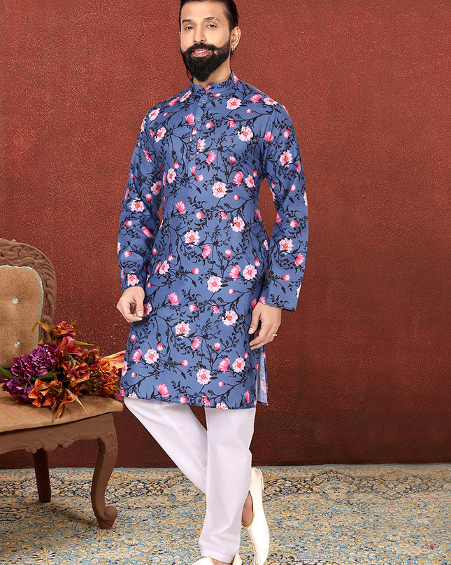 Sleek Slate Blue Cotton Printed Mens Kurta Set