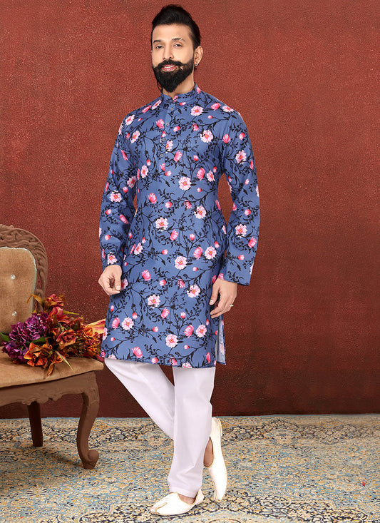 Sleek Slate Blue Cotton Printed Mens Kurta Set