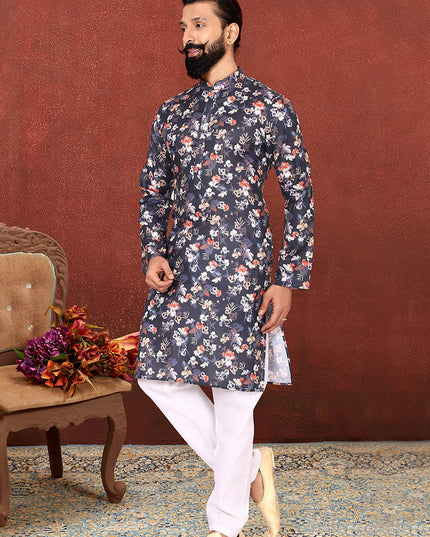 Immaculate Charcoal Cotton Printed Mens Kurta Set