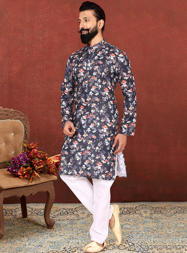 Immaculate Charcoal Cotton Printed Mens Kurta Set
