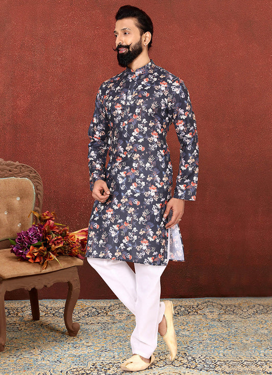 Immaculate Charcoal Cotton Printed Mens Kurta Set