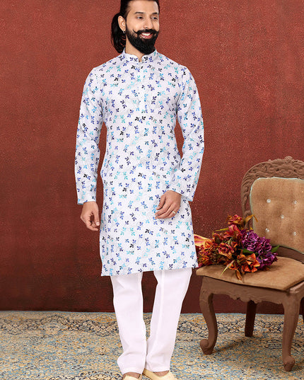 Flawless White Cotton Printed Mens Kurta Set