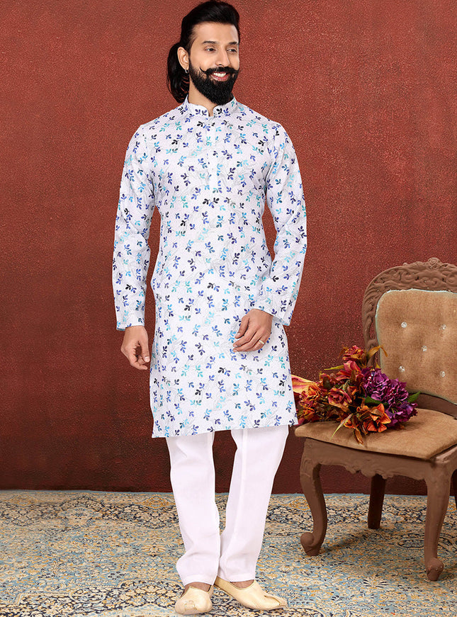 Flawless White Cotton Printed Mens Kurta Set
