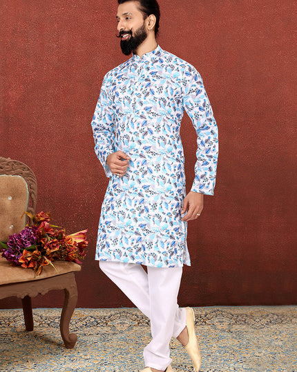 Unique White Cotton Printed Mens Kurta Set