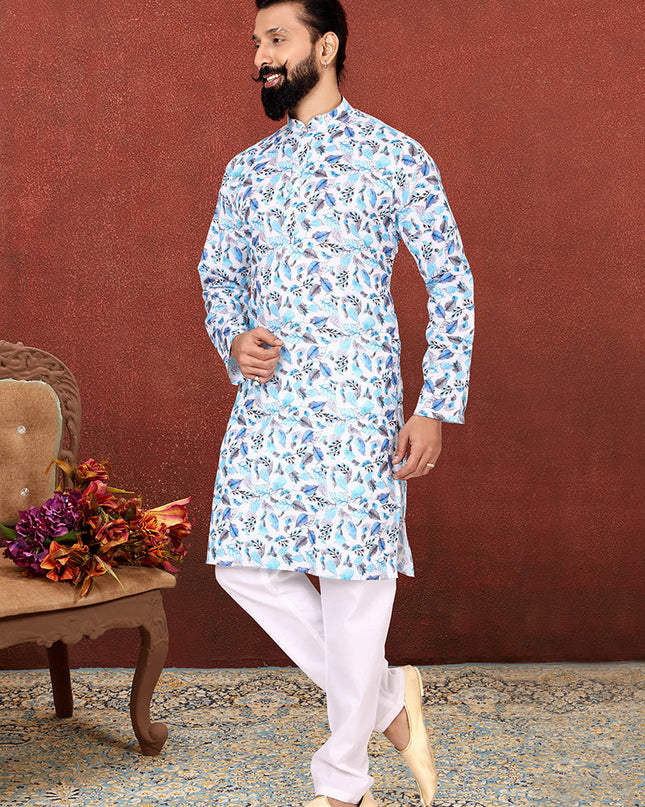 Unique White Cotton Printed Mens Kurta Set