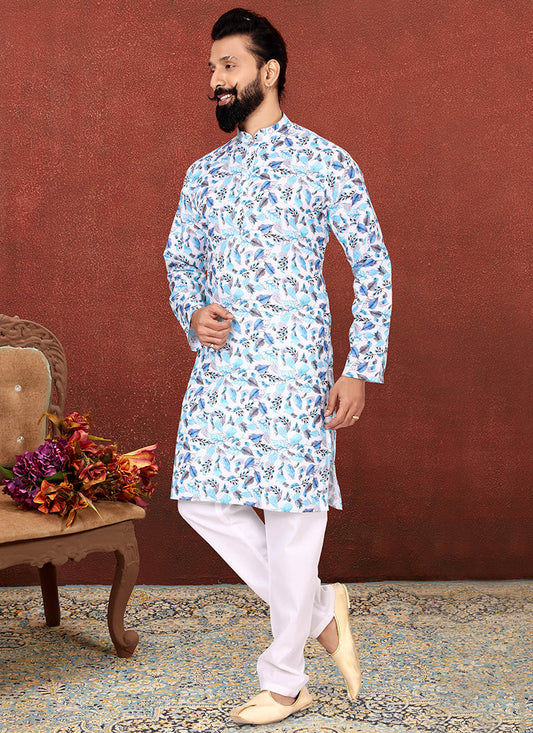 Unique White Cotton Printed Mens Kurta Set