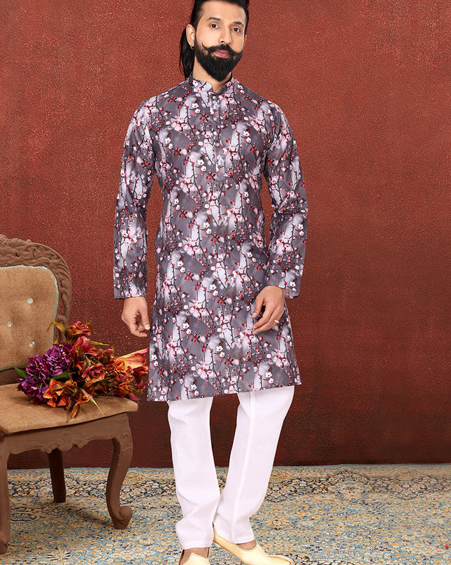 Bewitching Dusty Grey Cotton Printed Mens Kurta Set