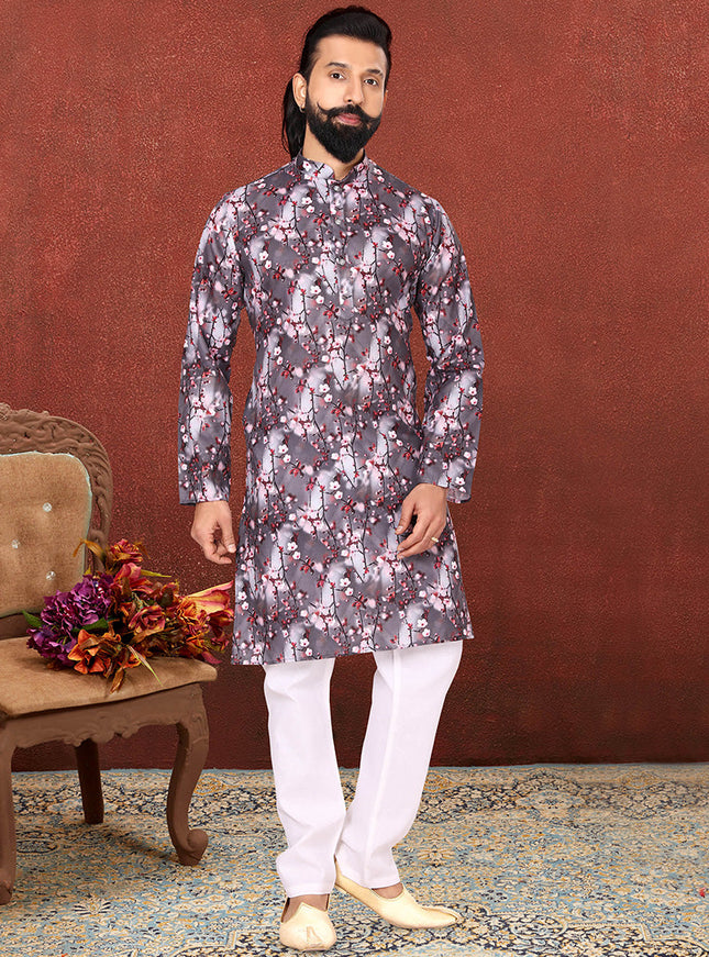 Bewitching Dusty Grey Cotton Printed Mens Kurta Set