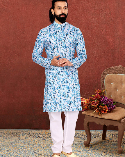 Stylish White Cotton Printed Mens Kurta Set