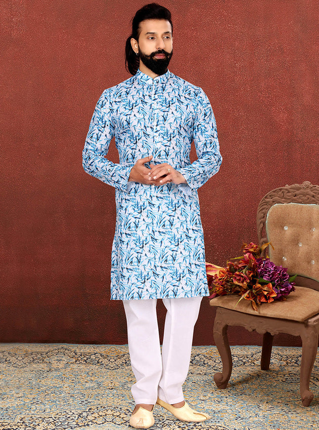 Stylish White Cotton Printed Mens Kurta Set