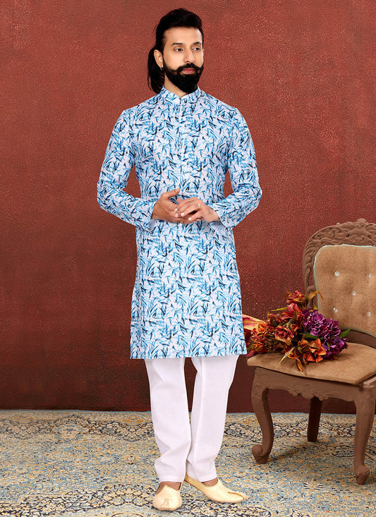 Stylish White Cotton Printed Mens Kurta Set