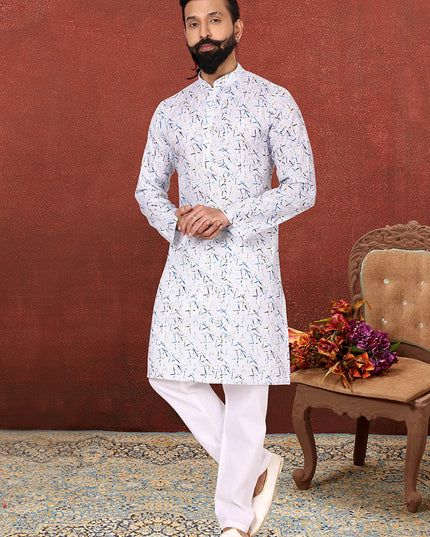 Vibrant White Cotton Printed Mens Kurta Set