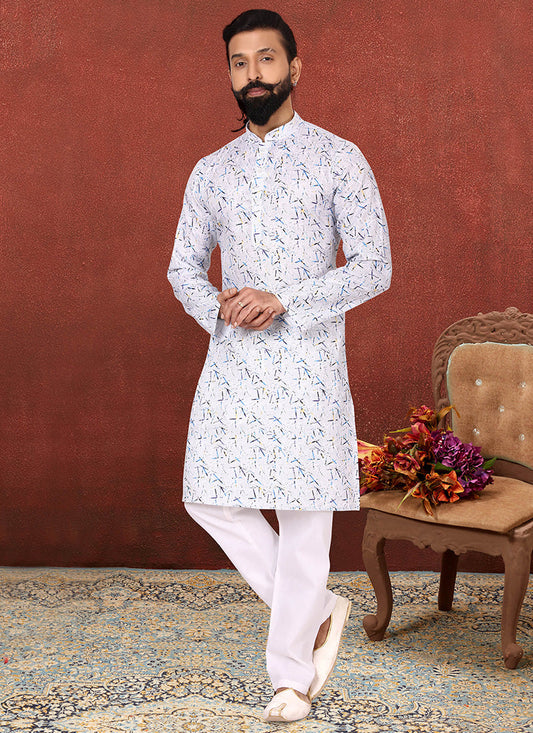 Vibrant White Cotton Printed Mens Kurta Set