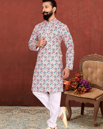 Dazzling Blush Pink Cotton Printed Mens Kurta Set