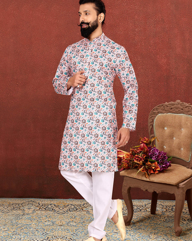 Dazzling Blush Pink Cotton Printed Mens Kurta Set