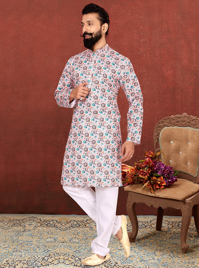 Dazzling Blush Pink Cotton Printed Mens Kurta Set