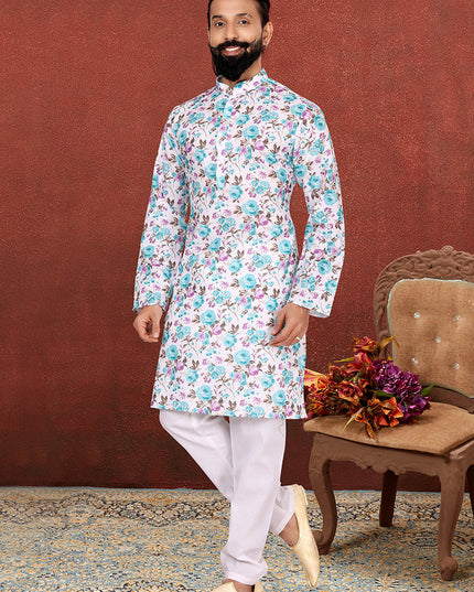 Awesome White Cotton Printed Mens Kurta Set
