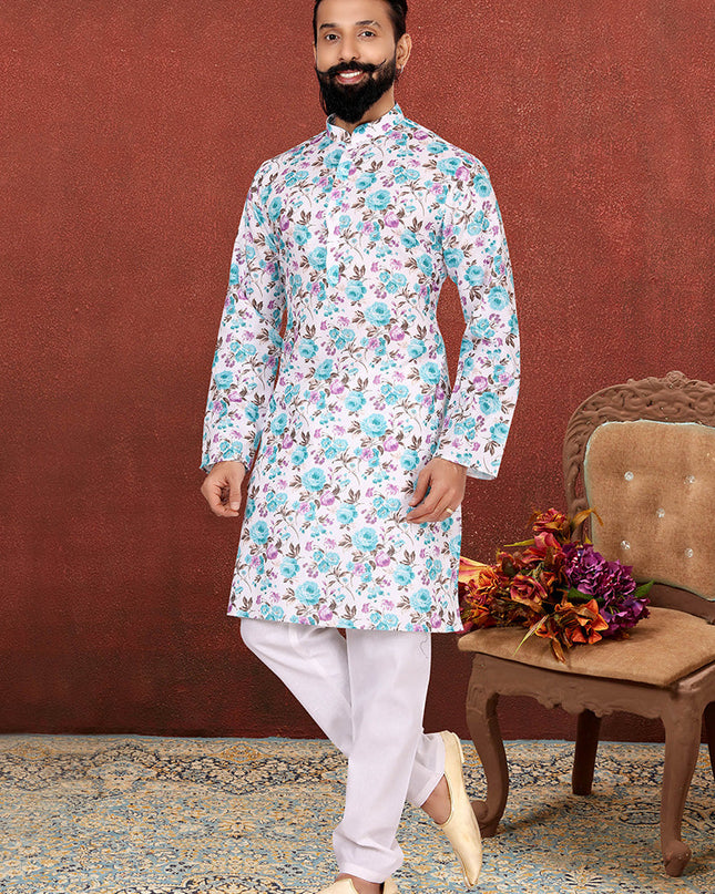 Awesome White Cotton Printed Mens Kurta Set