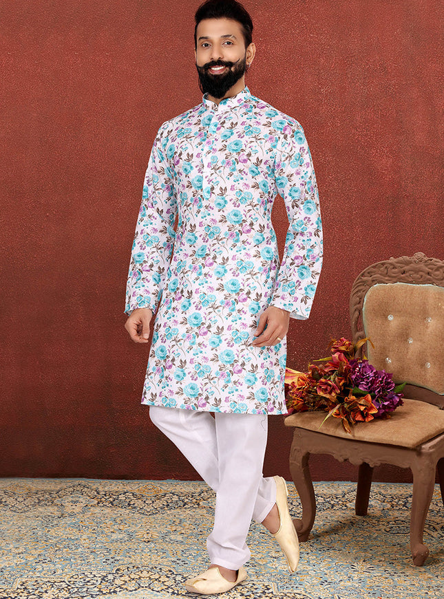 Awesome White Cotton Printed Mens Kurta Set