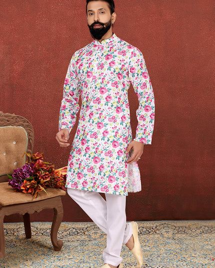 Adorable White Cotton Printed Mens Kurta Set