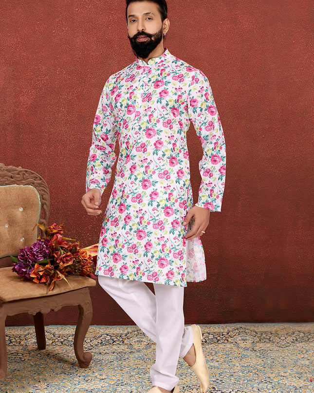 Adorable White Cotton Printed Mens Kurta Set