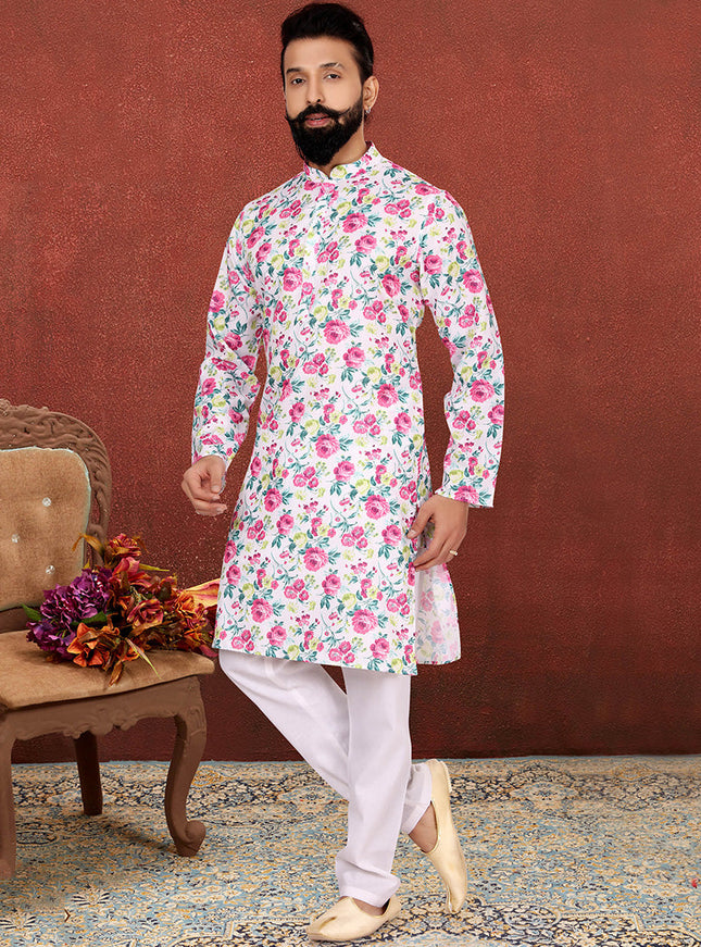 Adorable White Cotton Printed Mens Kurta Set