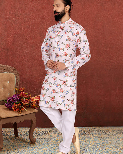 Dashing White Cotton Printed Mens Kurta Set