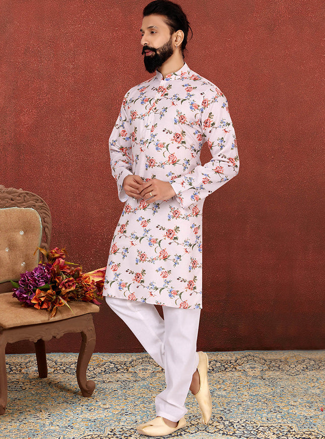 Dashing White Cotton Printed Mens Kurta Set