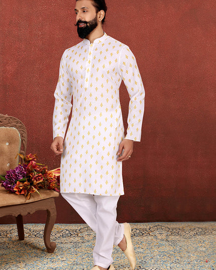 Exquisite White Cotton Printed Mens Kurta Set