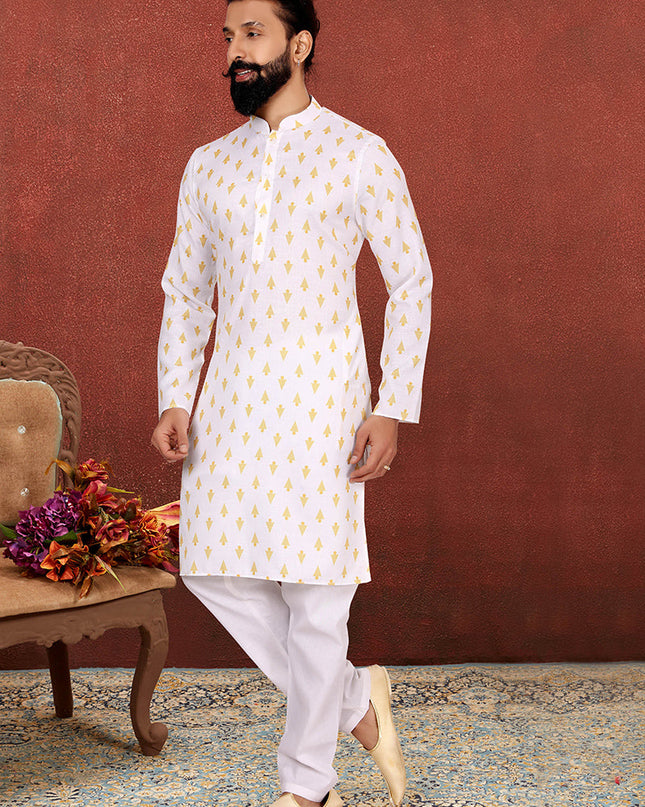 Exquisite White Cotton Printed Mens Kurta Set