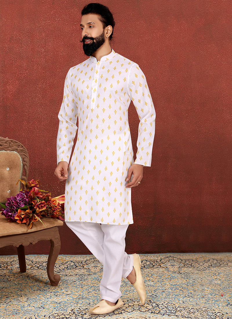Exquisite White Cotton Printed Mens Kurta Set