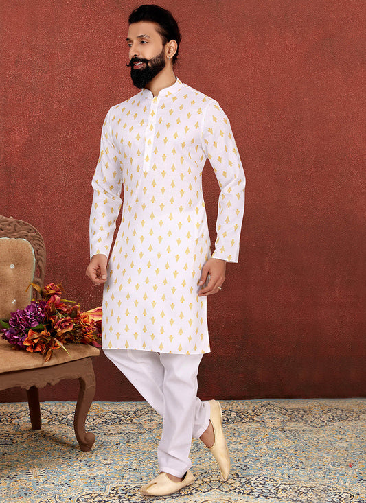 Exquisite White Cotton Printed Mens Kurta Set