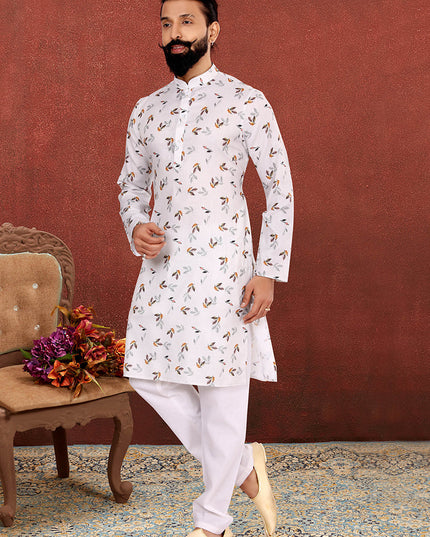 Wonderful Off White Cotton Printed Mens Kurta Set
