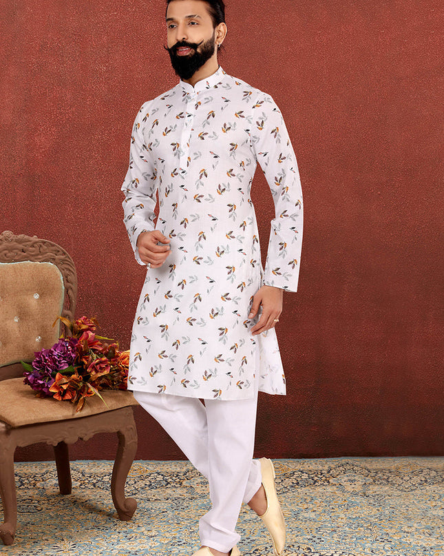 Wonderful Off White Cotton Printed Mens Kurta Set