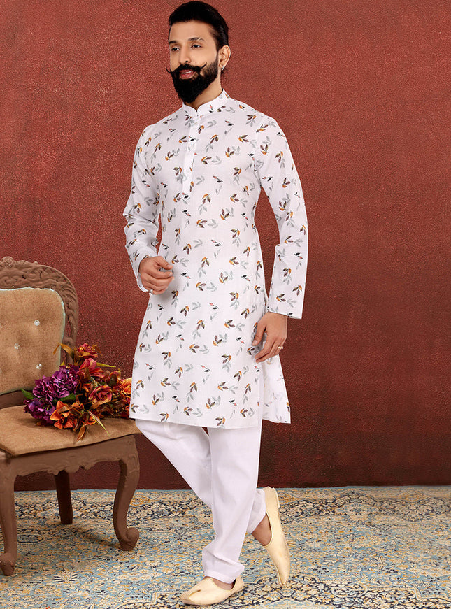 Wonderful Off White Cotton Printed Mens Kurta Set