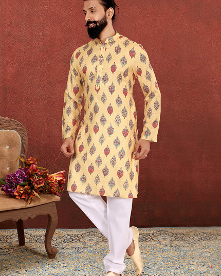 Ravishing Yellow Cotton Printed Mens Kurta Set