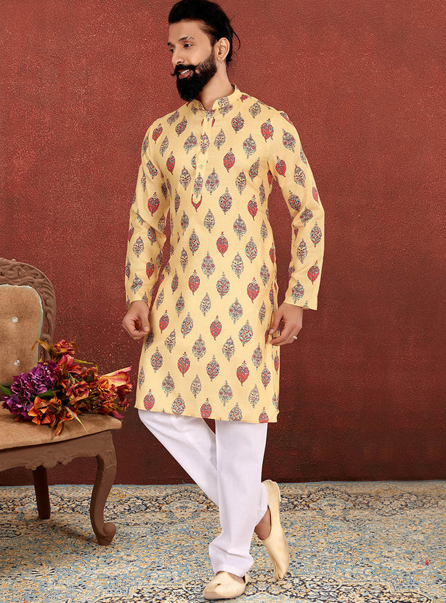 Ravishing Yellow Cotton Printed Mens Kurta Set