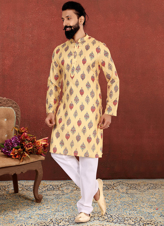 Ravishing Yellow Cotton Printed Mens Kurta Set